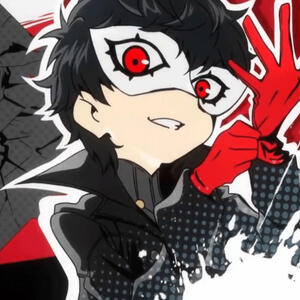 a drawing of the persona5 protagonist and desbug logo